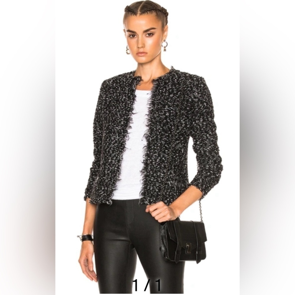 On Trend IRO Cof Black and White Open Front Tweed Jacket- Size 38
